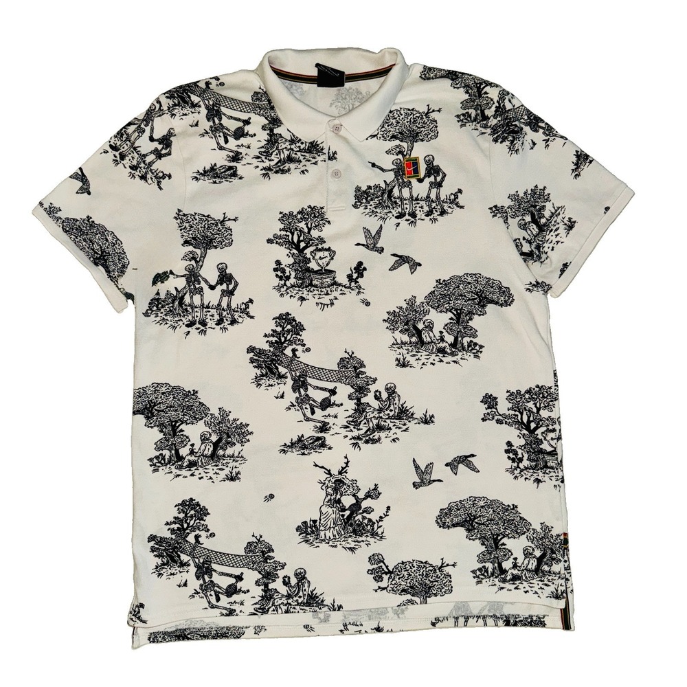 Nike Court Heritage Tennis Skeleton Toile Pique Polo Shirt M Off-White Halloween